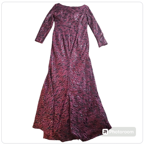 Mac Duggal Maxi Dress Ruched Embroidery Lace Sequin Faux Wrap Long Sleeves Gown - Picture 8 of 15